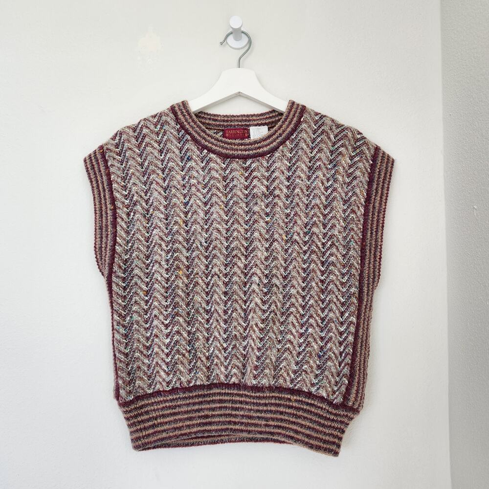 80s Vintage Knit Sweater Vest Wool Maroon Multicolor Chevron Academia 90s M - Picture 8 of 8